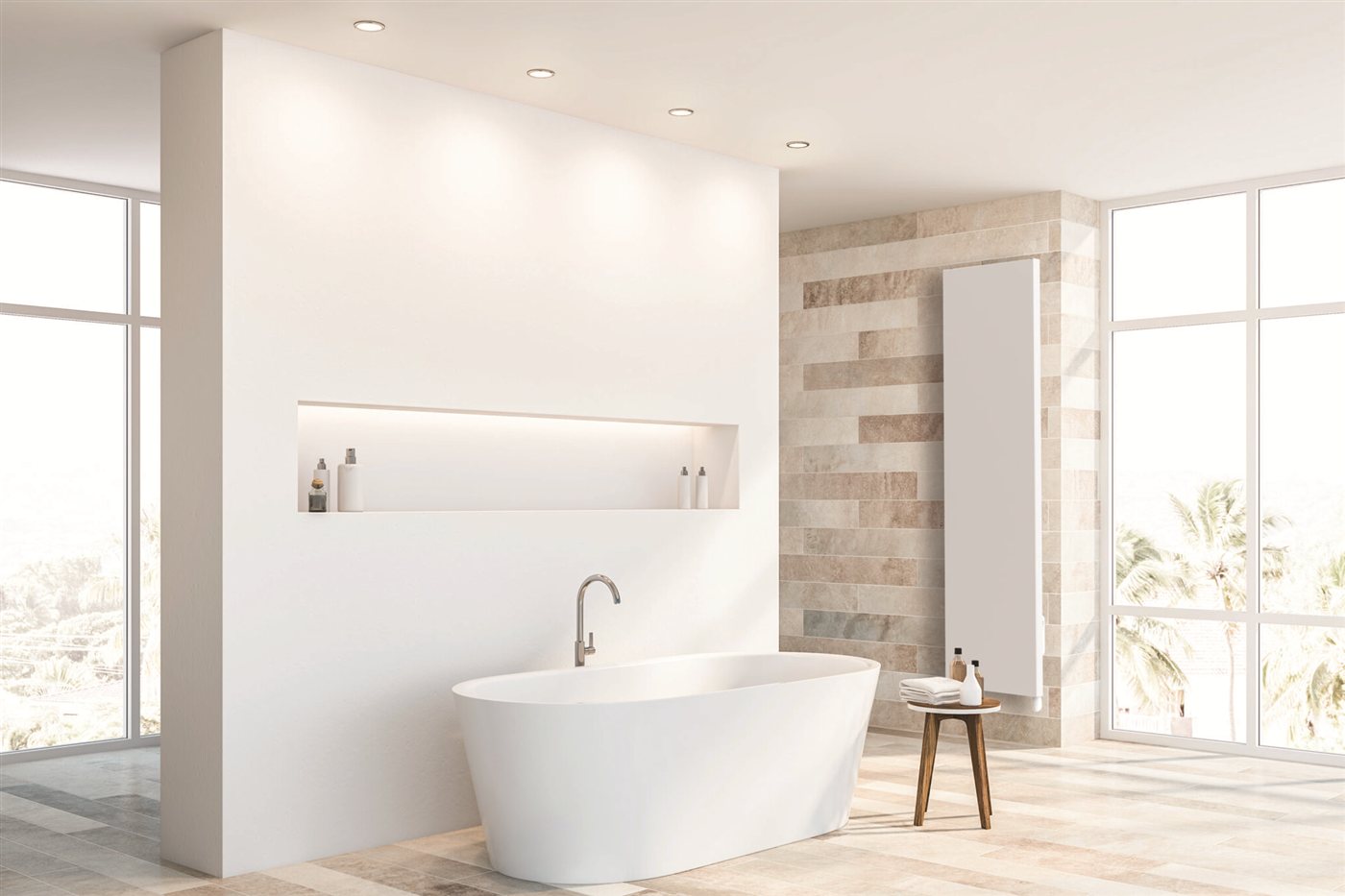 Salle de bain avec baignoire îlot et radiateur vertical blanc Stelrad Vertex Plan E