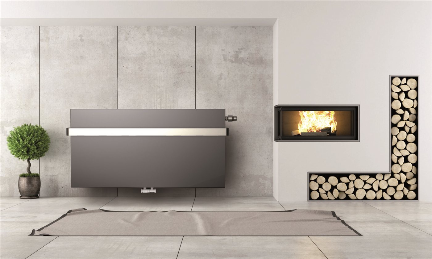 Séjour avec radiateur horizontal gris Stelrad Planar Slim ECO