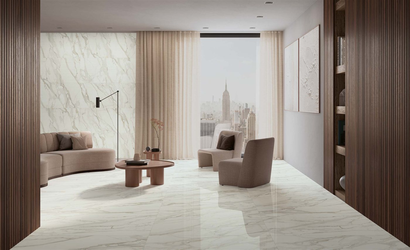 Séjour lumineux avec sol et mur effet marbre Calacatta Splendido Energieker